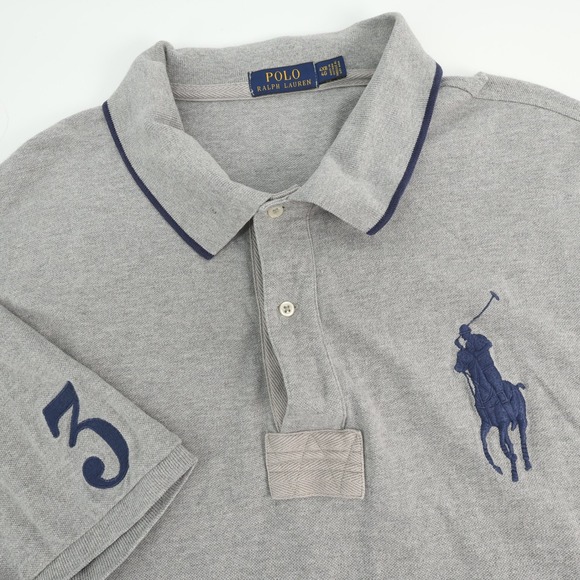 Polo Ralph Lauren 4XB Mens Gray Big Pony Polo Shirt Number 3 Navy Trim - Picture 1 of 6